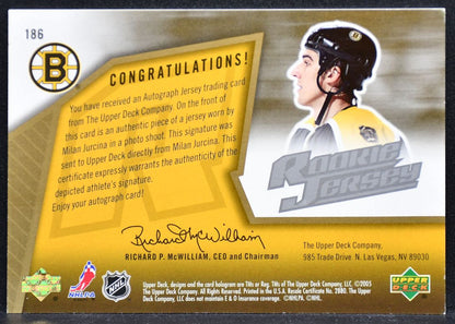 2005-06 SPx RC Jersey Milan Jurcina 186 Bruins RC Auto 0571/1499 Jersey 6610
