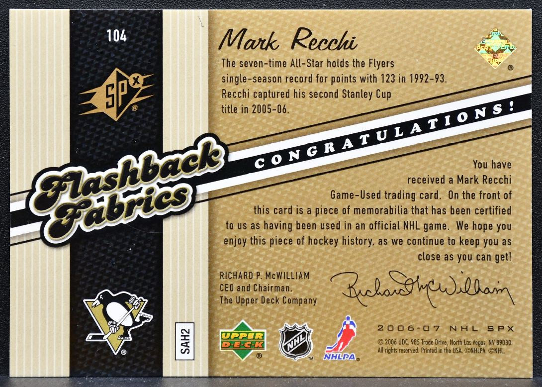 2006-07 SPx Flashback Fabrics Mark Recchi 104 Pittsburgh Penguins Jersey 2936