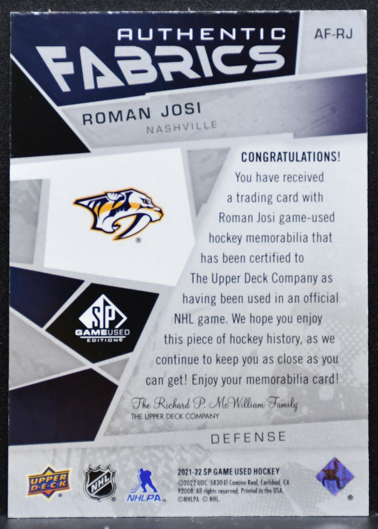 2021-22 SP Game Used Authentic Fabrics Roman Josi AF-RJ Predators Jersey 8536