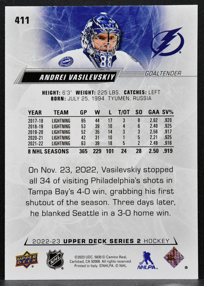 2022-23 UD Series 2 UD Exclusives Andrei Vasilevskiy 411 Lightning 090/100 6823