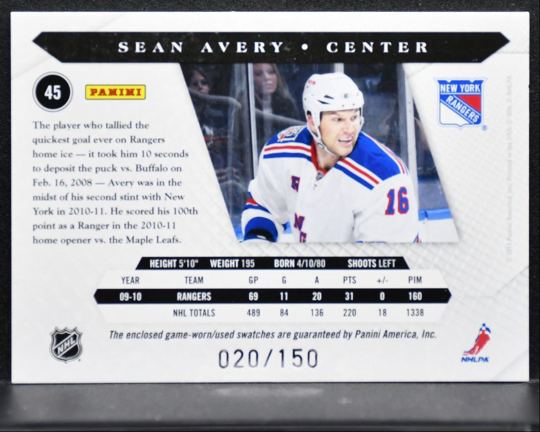 2010-11 Panini Luxury Suite Prime Sean Avery New York Rangers 020/150 Patch 4862