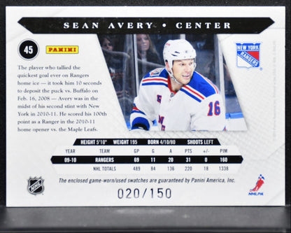 2010-11 Panini Luxury Suite Prime Sean Avery New York Rangers 020/150 Patch 4862