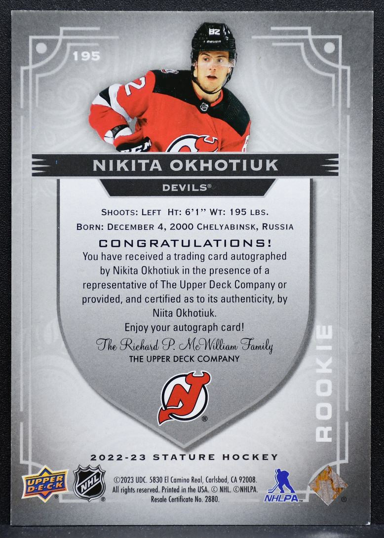 2022-23 UD Stature Rookie Autographs Nikita Okhotiuk Devils RC Auto 11/99 8995