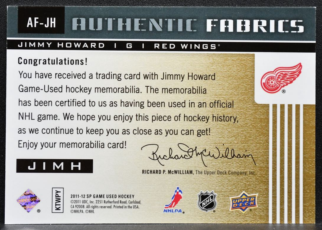 2011-12 SP Game Used Authentic Fabrics Jimmy Howard AF-JH Red Wings Jersey 3773