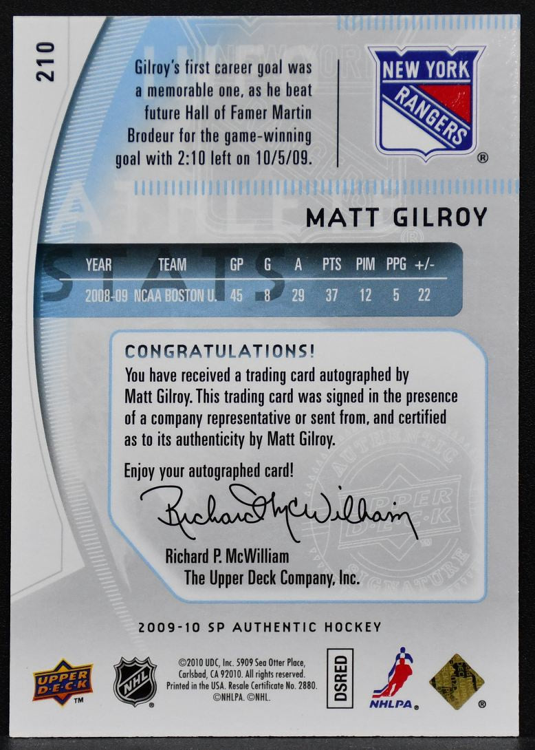 2009-10 SP Authentic Future Watch Auto Matt Gilroy 210 Rangers RC Auto 740/999