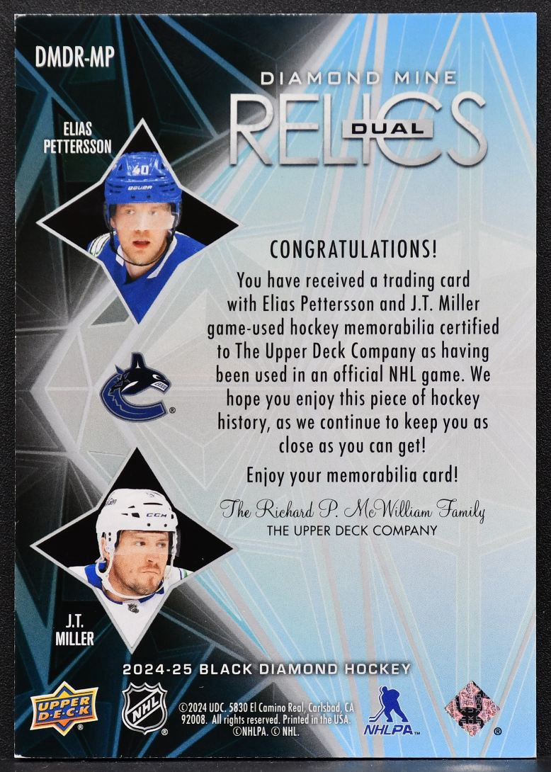 24-25 UD Black Diamond Mine Dual Relics Pettersson / Miller Canucks Jersey 2929