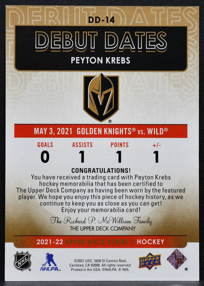 2021-22 UD Series 1 Debut Dates Gold Peyton Krebs Golden Knights RC Jersey 4522