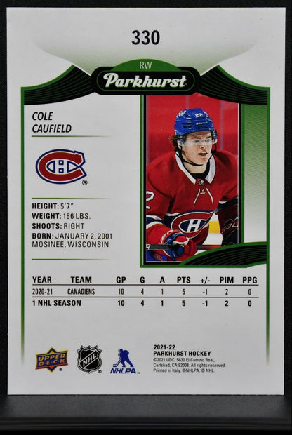 2021-22 Parkhurst Rookie Cole Caufield 330 Montreal Canadiens RC 3000