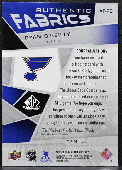 2021-22 SP Game Used Authentic Fabrics Ryan O'Reilly AF-RO Blues Jersey 2393