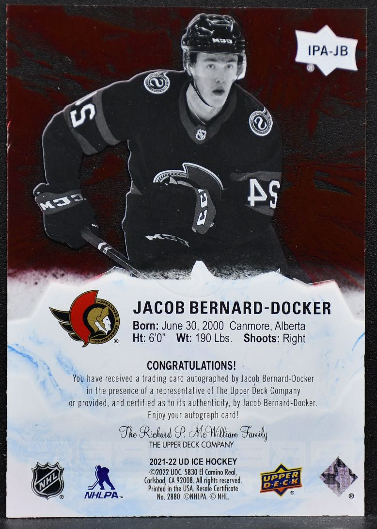 2021-22 UD Ice Premieres Autographs Red Jacob Bernard-Docker IPA-JB RC Auto /199