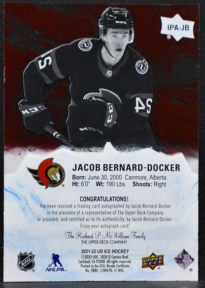 2021-22 UD Ice Premieres Autographs Red Jacob Bernard-Docker IPA-JB RC Auto /199
