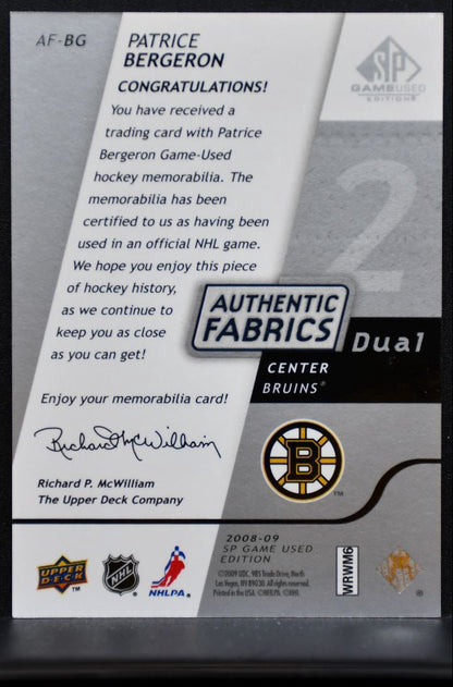 2008-09 SP Game Used Authentic Fabrics Dual Patrice Bergeron Bruins Jersey 7153