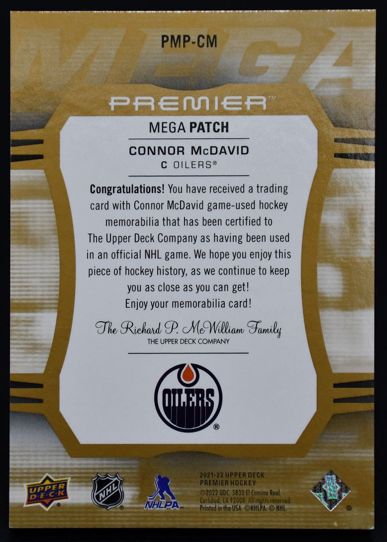 2022-23 UD Premier Sleeve Numbers Mega Patch Connor McDavid PMP-CM 1/7 Patch