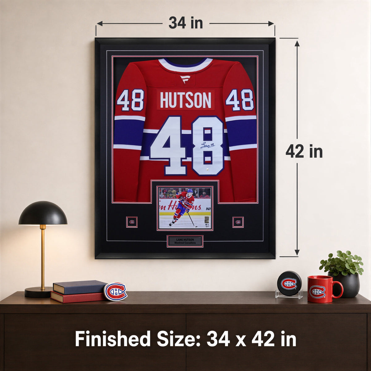 Lane Hutson Signed Framed 34x42 Montreal Canadiens Red Fanatics Premium Jersey