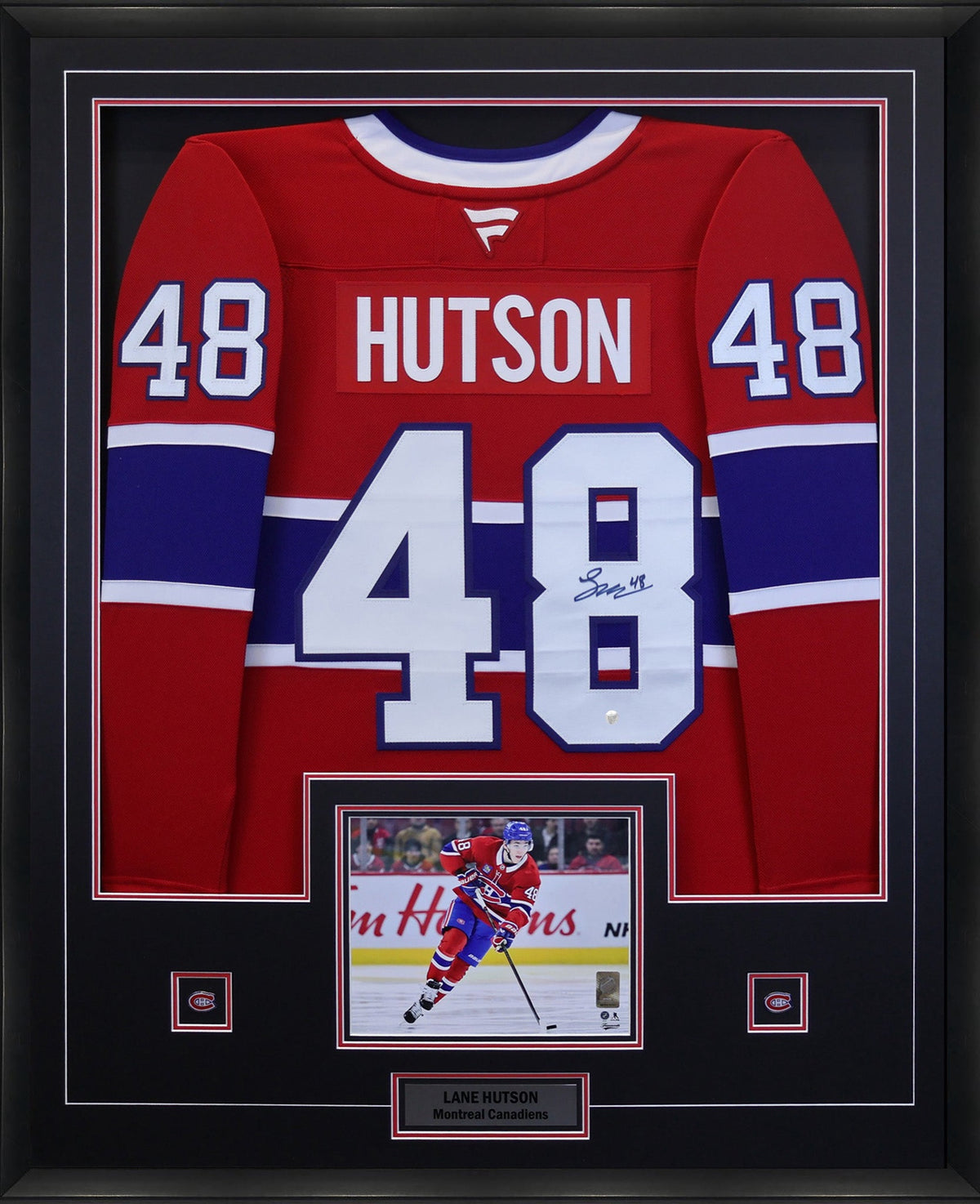 Lane Hutson Signed Framed 34x42 Montreal Canadiens Red Fanatics Premium Jersey