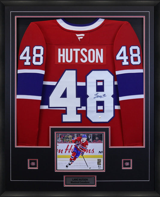 Lane Hutson Signed Framed 34x42 Montreal Canadiens Red Fanatics Premium Jersey
