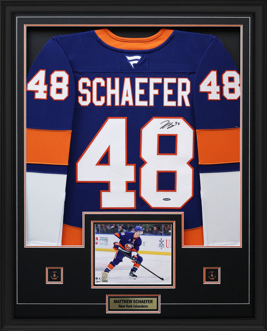 Matthew Schaefer Signed Framed 34x42 New York Islanders Fanatics Premium Jersey