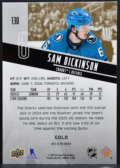 2025-26 SPx Rookies Gold Sam Dickinson 130 San Jose Sharks RC 0993