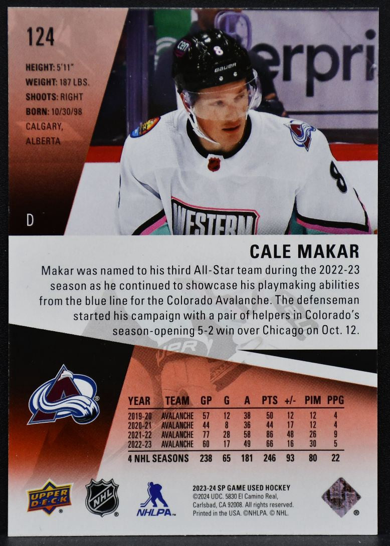 2023-24 SP Game Used All-Star Red Cale Makar 124 Colorado Avalanche 151/225 7161