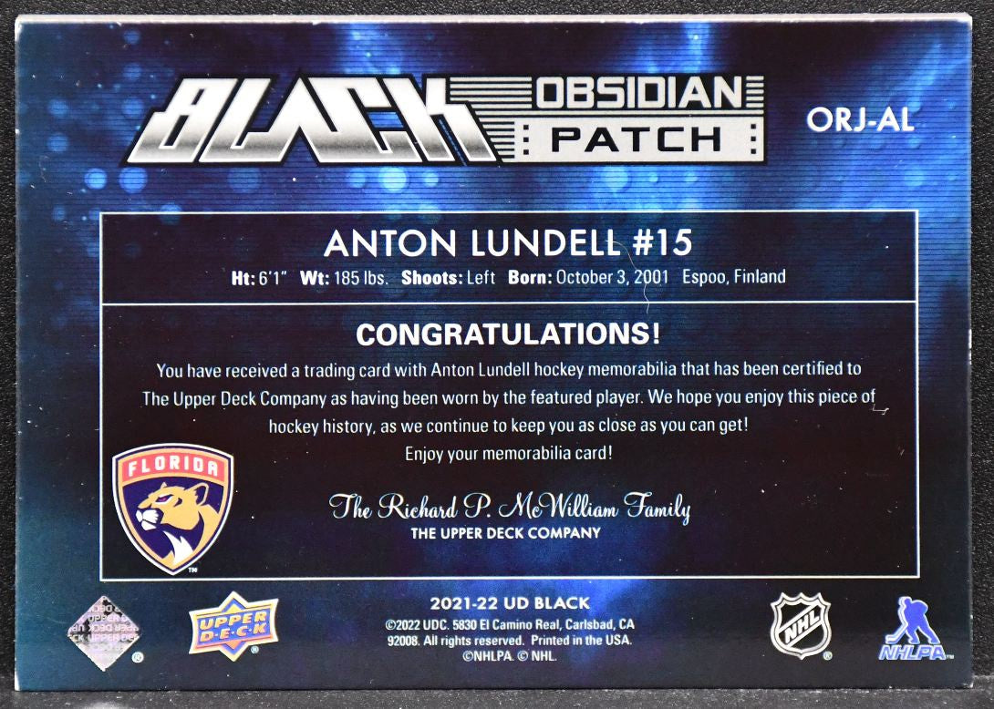 2021-22 UD Black Obsidian Rookie Patch Gold Anton Lundell ORJ-AL 01/35 Patch