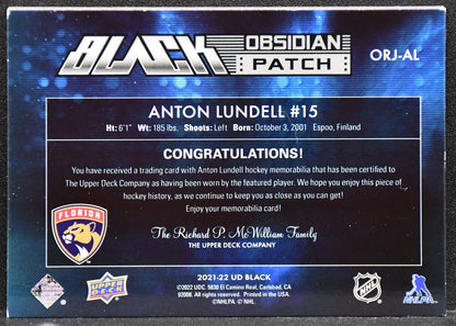 2021-22 UD Black Obsidian Rookie Patch Gold Anton Lundell ORJ-AL 01/35 Patch