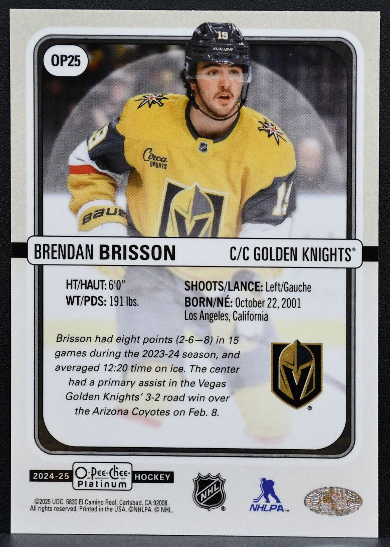 2024-25 OPC Platinum Rookie Premier Brendan Brisson Golden Knights RC 9447