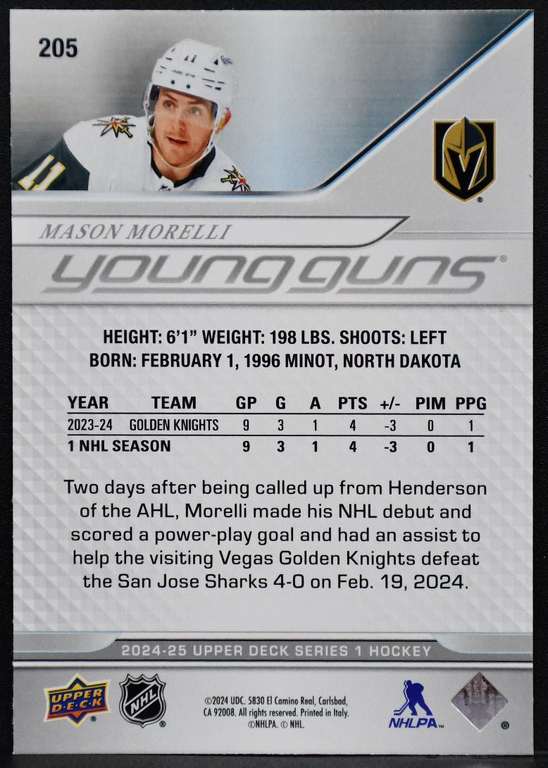2024-25 Upper Deck Series 1 Young Guns Mason Morelli 205 Vegas Golden Knights RC 5456