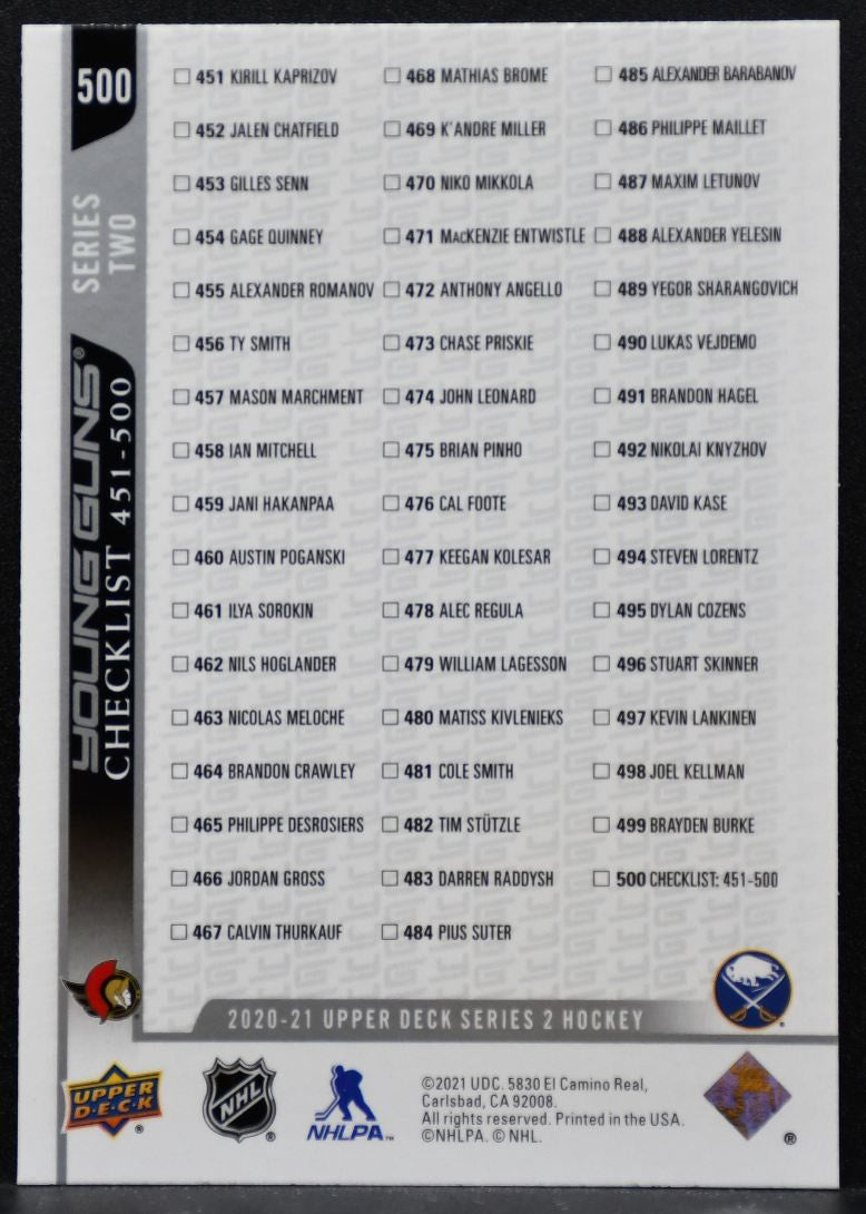 2020-21 UD Series 2 Checklist Young Guns Stützle/Cozens Senators/Sabres RC 8291