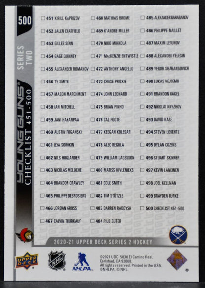 2020-21 UD Series 2 Checklist Young Guns Stützle/Cozens Senators/Sabres RC 8291