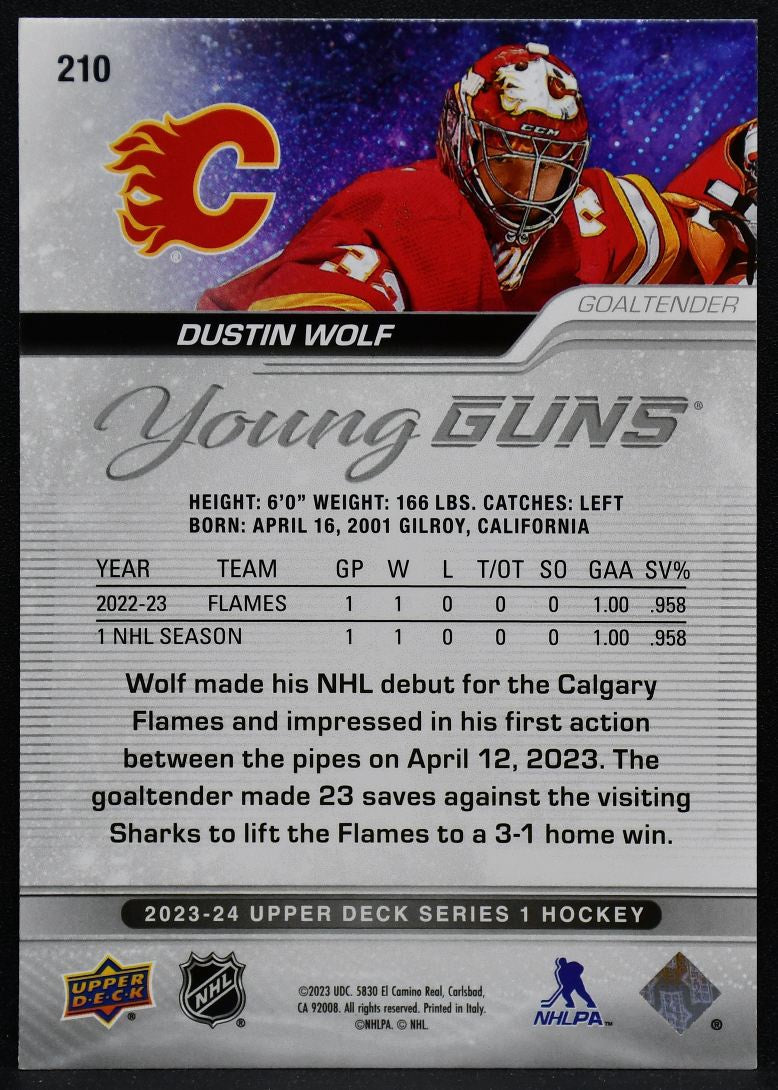 2023-24 Upper Deck Series 1 Young Guns Dustin Wolf 210 Calgary Flames RC 5262