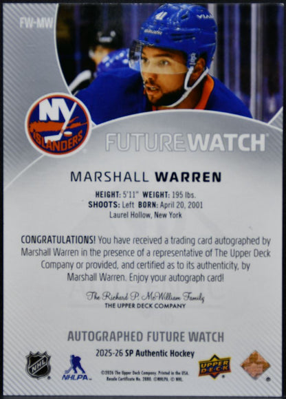 2025-26 SP Auth Future Watch Horiz Warren Islanders RC Auto /599 7632