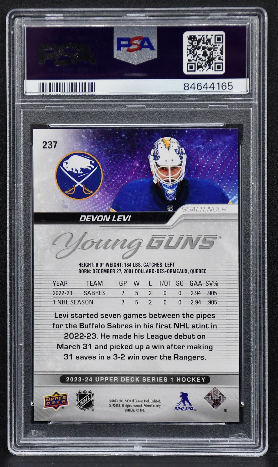 2023-24 UD Series 1 Young Guns Devon Levi 237 PSA 10 RC