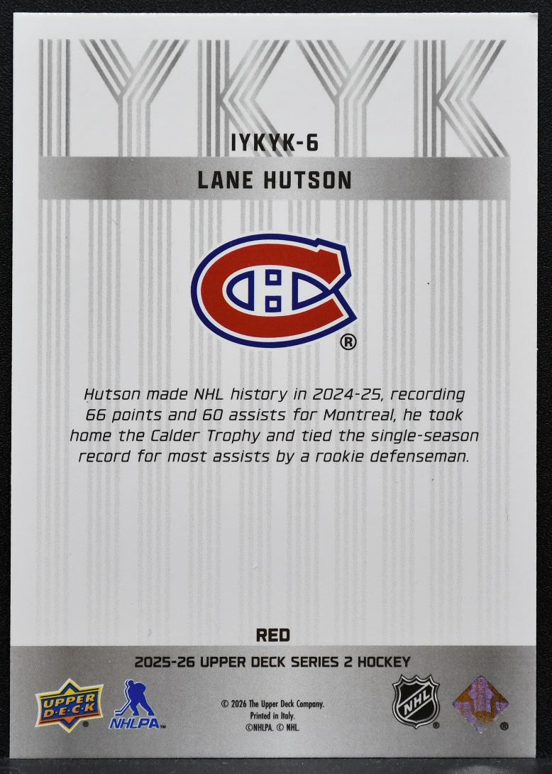 2025-26 Upper Deck Series 2 IYKYK Red Lane Hutson IYKYK-6 Canadiens 071/199 2010