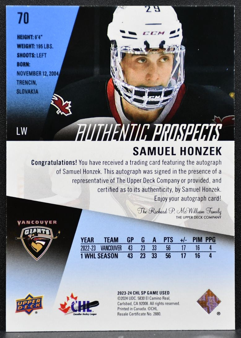 2023-24 SP Game Used CHL Authentic Prospects Auto Blue Honzek Auto 1100
