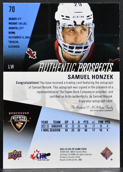 2023-24 SP Game Used CHL Authentic Prospects Auto Blue Honzek Auto 1100