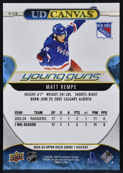 2024-25 UD Series 1 UD Canvas Young Guns Matt Rempe C-113 New York Rangers RC 3896