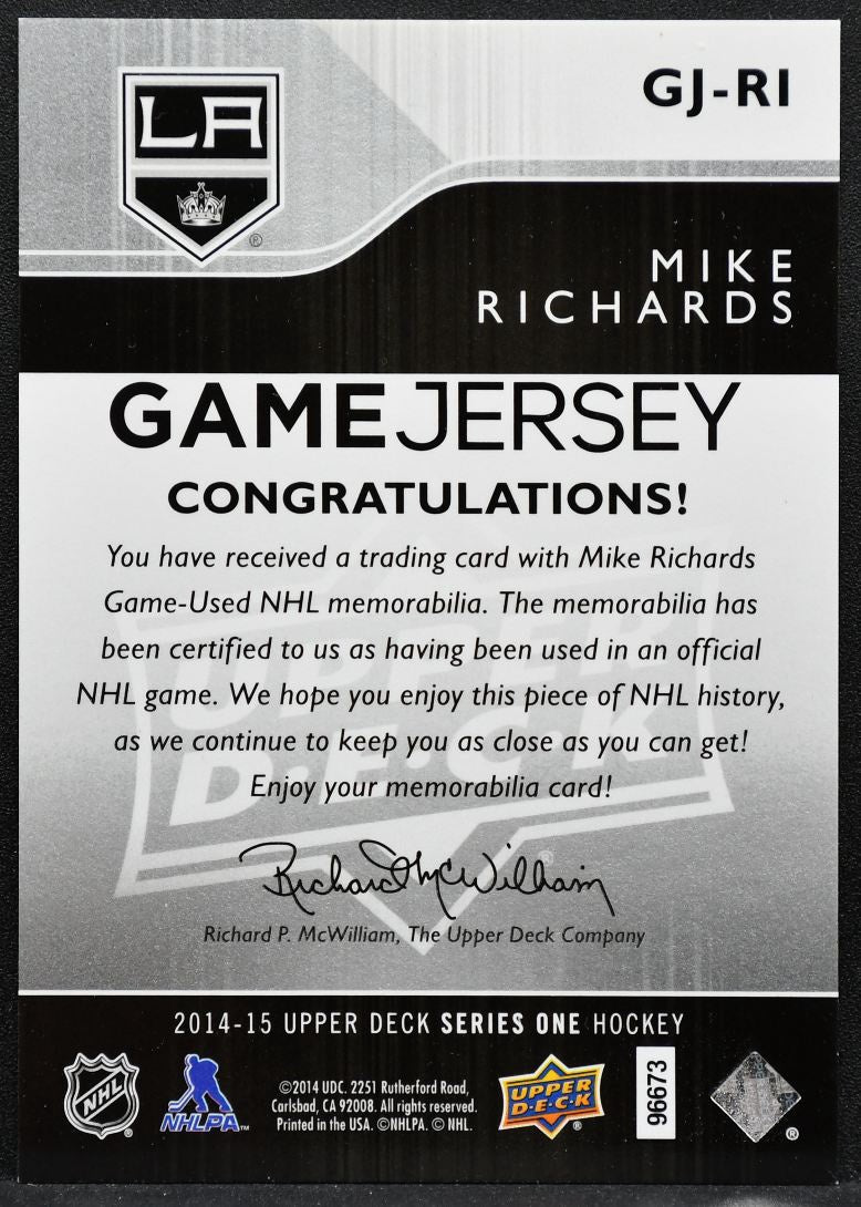 2014-15 Upper Deck Series 1 Game Jersey Mike Richards GJ-RI Kings 4220