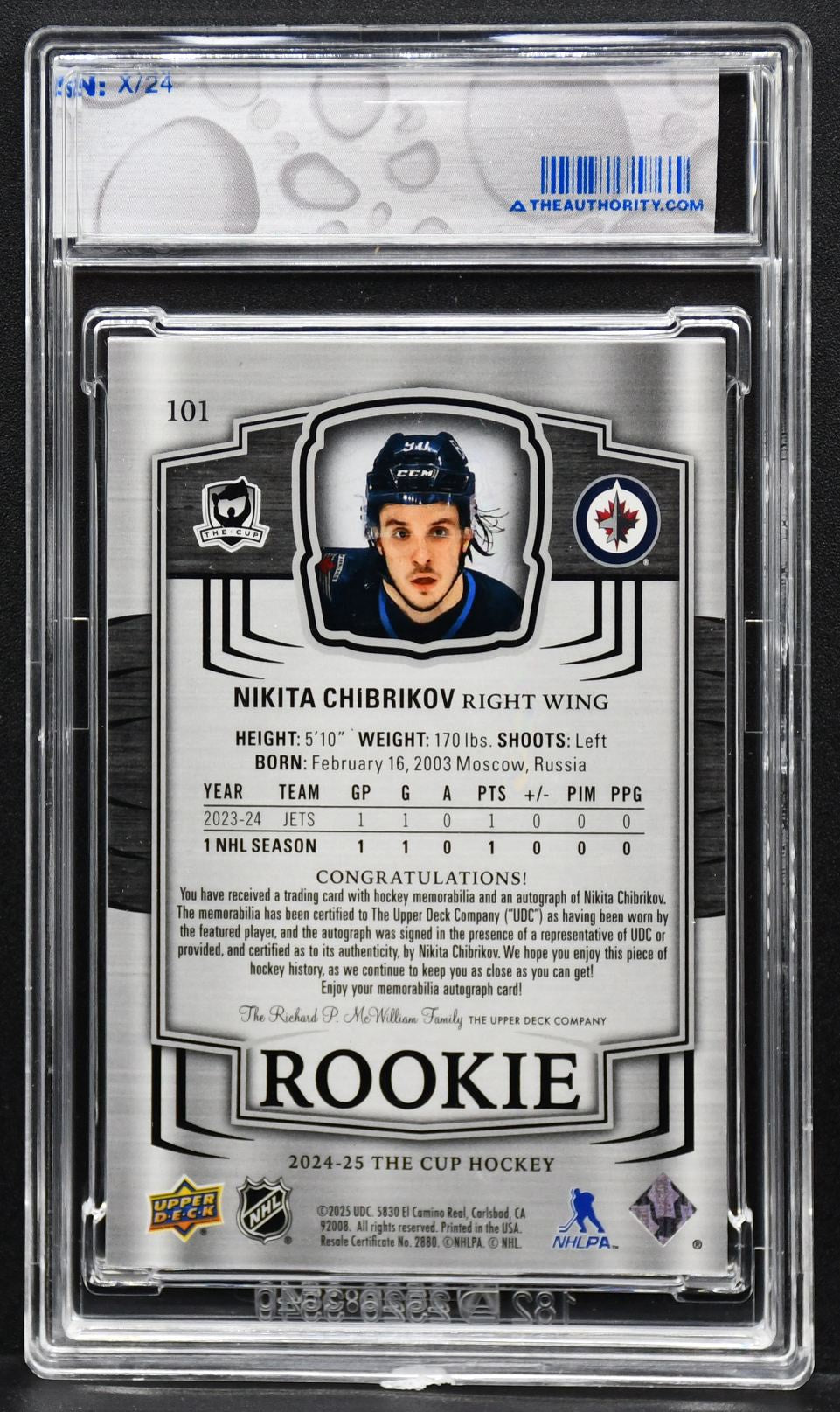 2024-25 UD The Cup Rookie Auto Patch Gold Foil Nikita Chibrikov 101 RC Auto /24