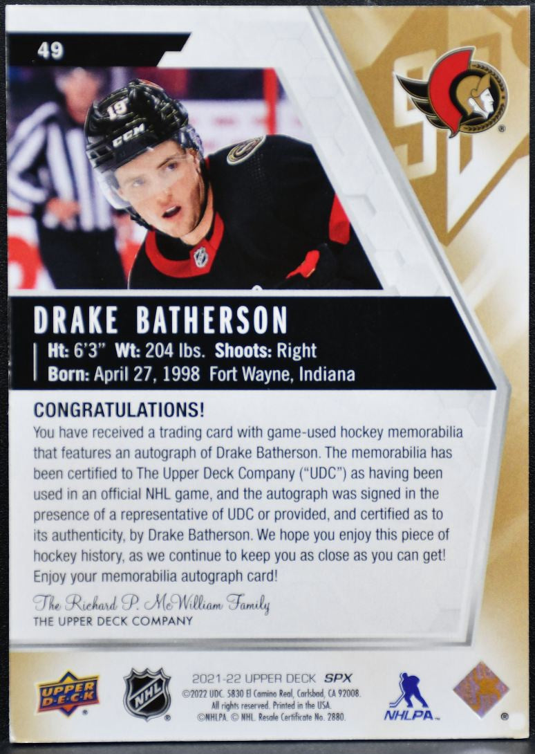 2021-22 SPx Patch Autographs Drake Batherson 49 Senators Auto 18019 Patch 4274