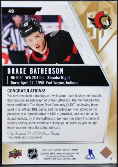 2021-22 SPx Patch Autographs Drake Batherson 49 Senators Auto 18019 Patch 4274