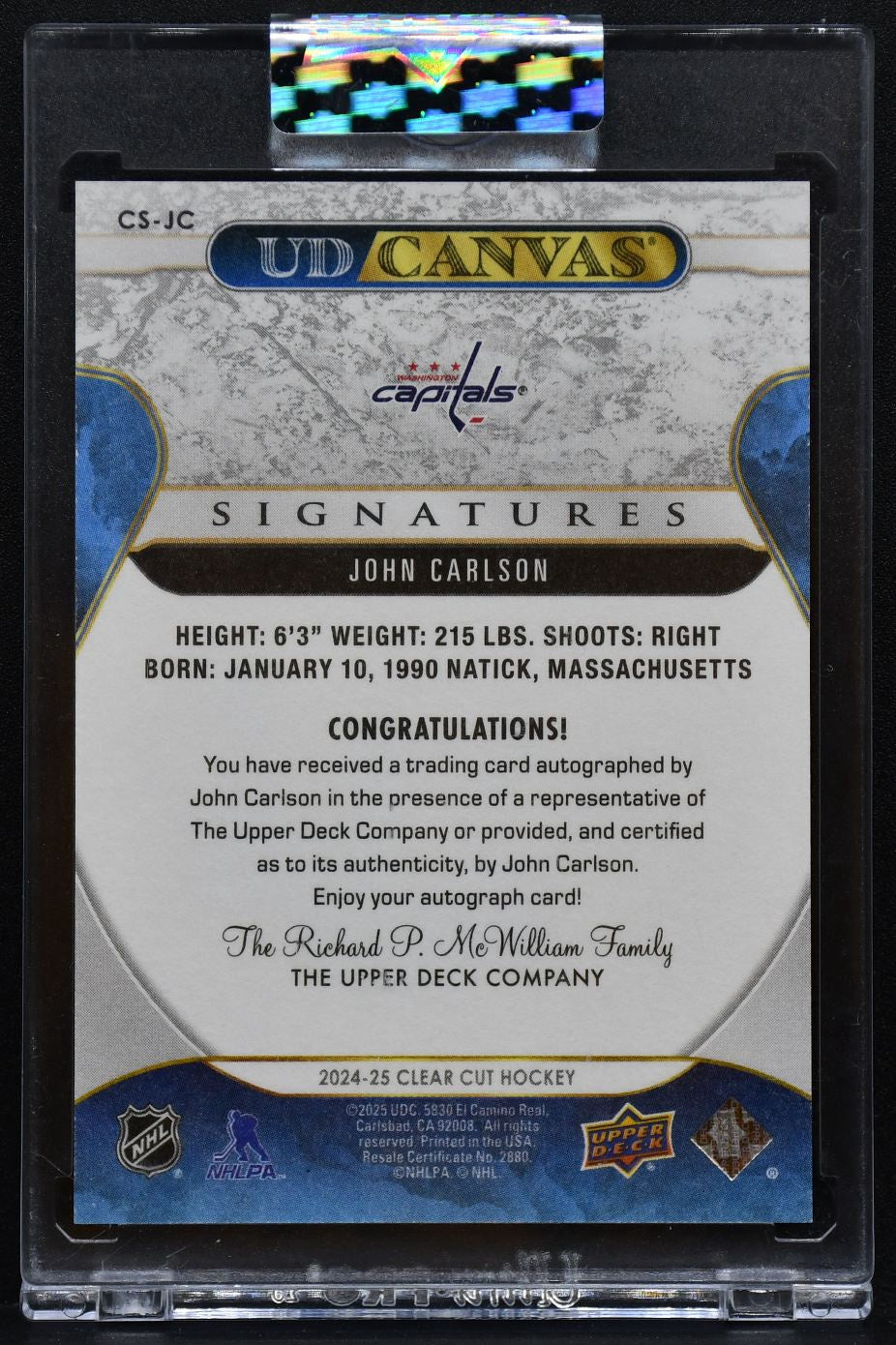 2024-25 UD Clear Cut UD Canvas Auto John Carlson CS-JC Capitals Auto 16/74 5286