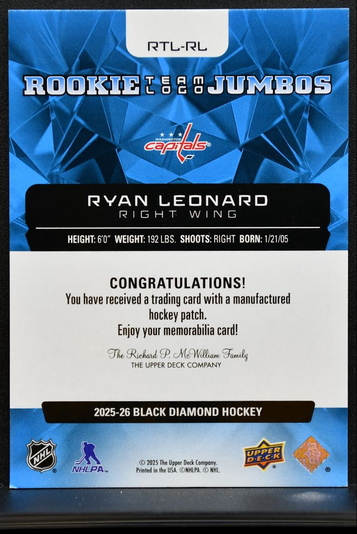 2025-26 UD Black Diamond Rookie Team Logo Jumbos Ryan Leonard RC Patch 0733