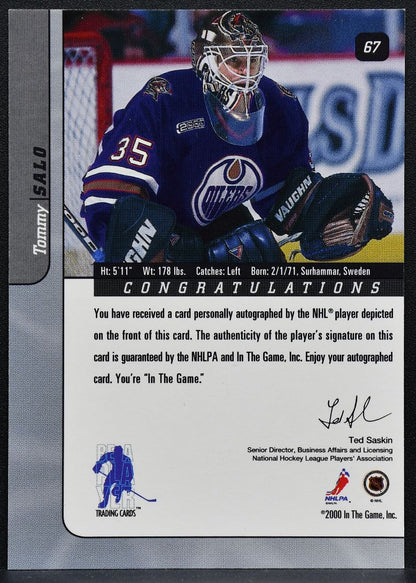 2000-01 In The Game Signature Series Tommy Salo 67 Edmonton Oilers Auto 4815