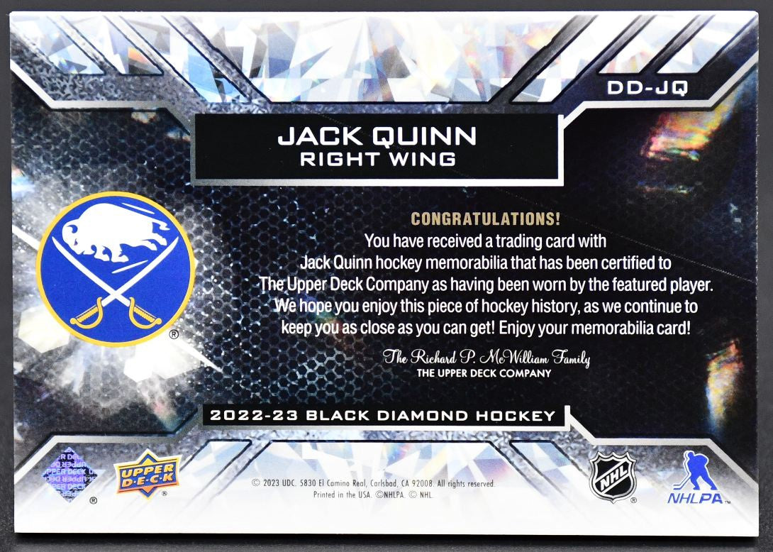 2022-23 UD Black UD Black Diamond Diamond Debut Relics Quinn DD-JQ RC Jersey