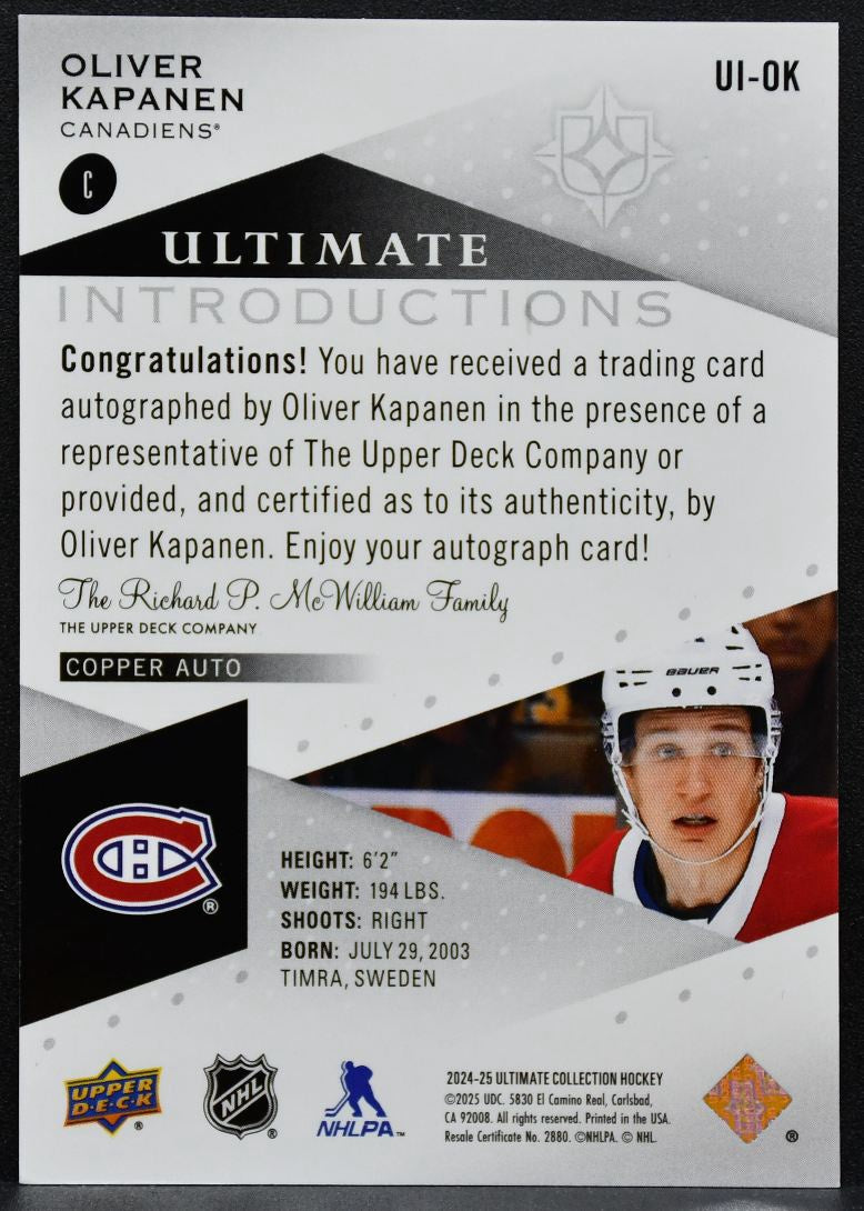 2024-25 UD Ultimate Collection Introductions Copper Auto Kapanen RC Auto 5626