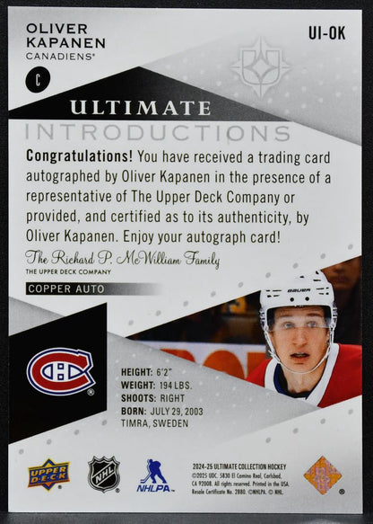 2024-25 UD Ultimate Collection Introductions Copper Auto Kapanen RC Auto 5626