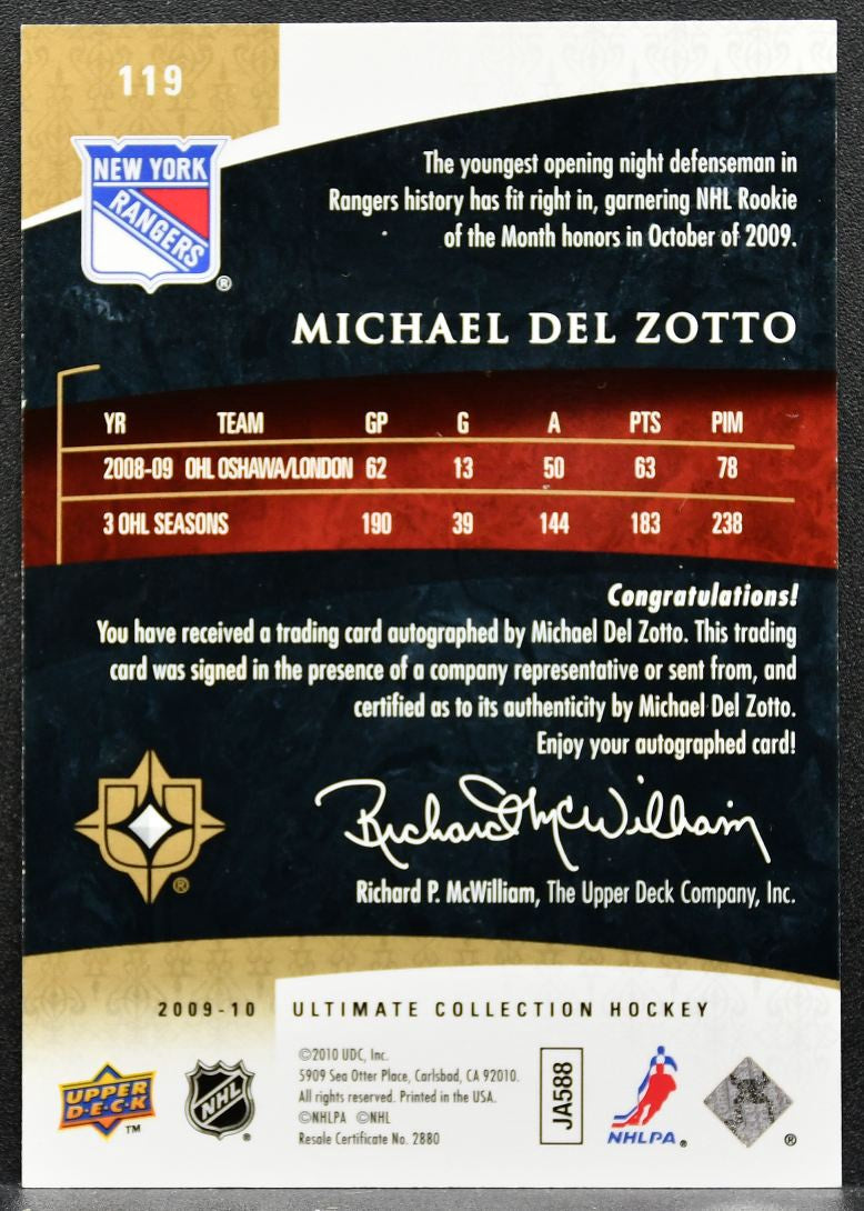 2009-10 UD Ultimate Collection Rookies Michael Del Zotto Rangers RC Auto 1764