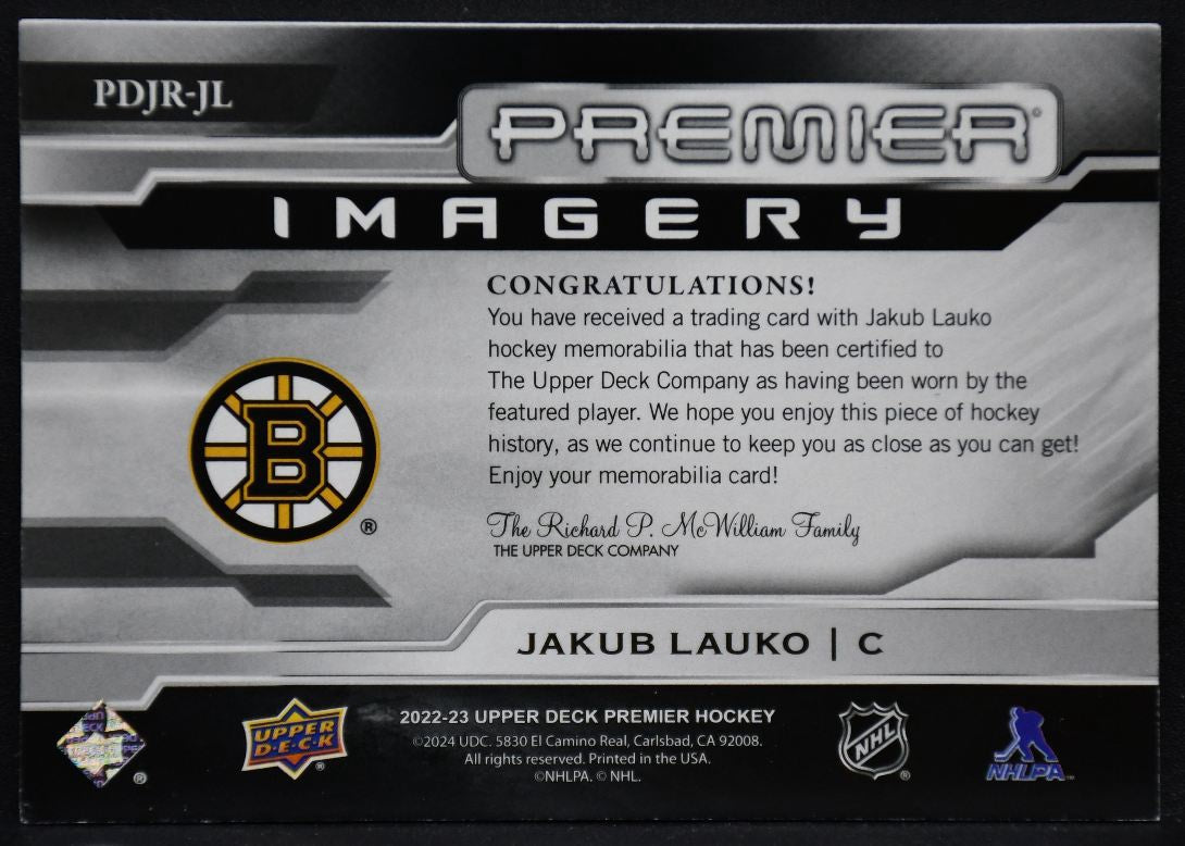22-23 UD Premier Imagery RCs Patch Jakub Lauko PDJR-JL Boston Bruins Auto Jersey 2554