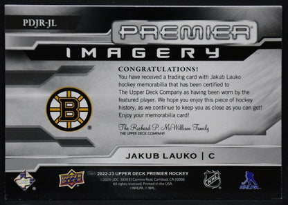 22-23 UD Premier Imagery RCs Patch Jakub Lauko PDJR-JL Boston Bruins Auto Jersey 2554