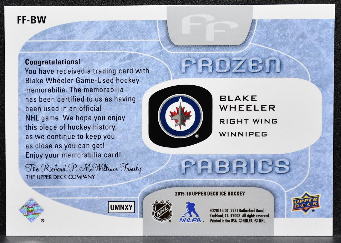 2015-16 Upper Deck Ice Frozen Fabrics Blake Wheeler Winnipeg Jets Jersey 6083